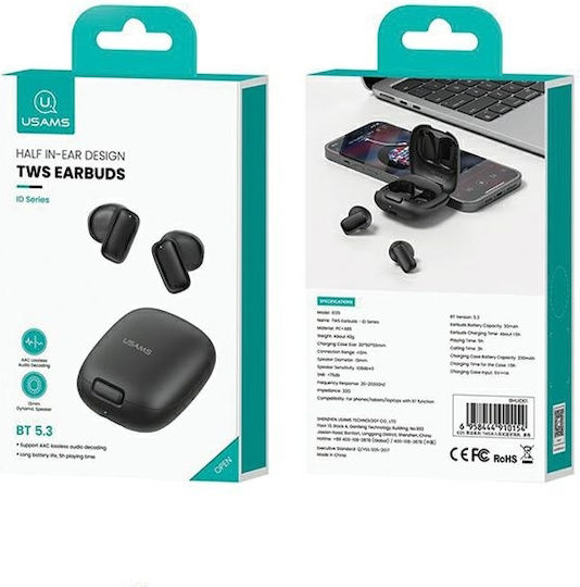 Usams ID25 Earbud Bluetooth Handsfree Ακουστικά με Θήκη Φόρτισης Μαύρα