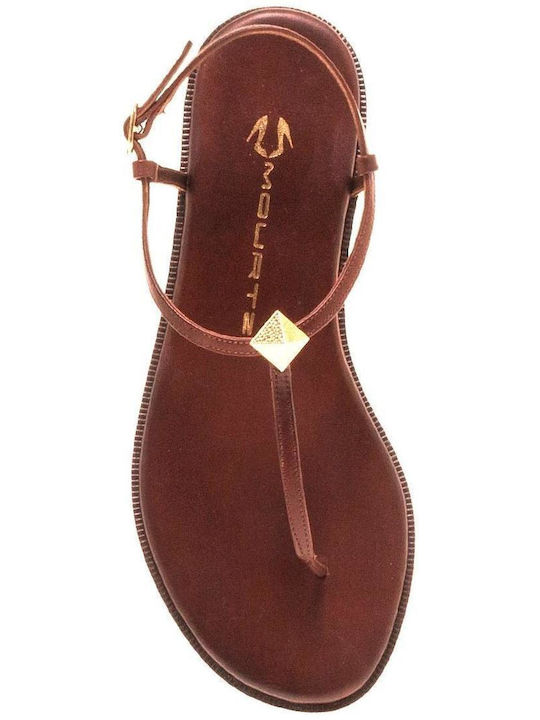 Mourtzi Leather Women's Flat Sandals in Tabac Brown Color