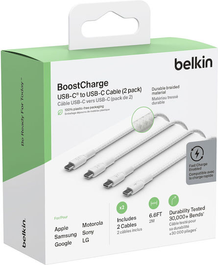 Belkin 2Pack Braided USB 2.0 Cable USB-C Male - USB-C 60W PD White 2m CAB004BT2MWH2PK 2 Pieces