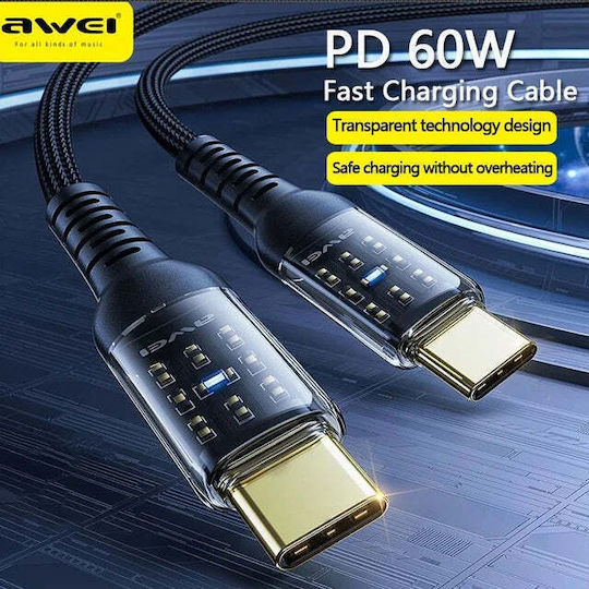 Awei CL-138Τ USB 2.0 Cable USB-C male - USB-C 60W PD Μαύρο 1m