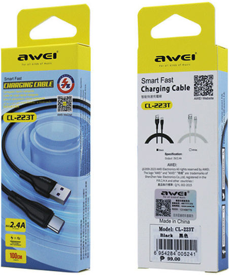 Awei CL-223T USB 2.0 Cable USB-C male - USB-A Λευκό 1m