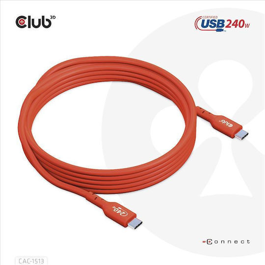 Club3D USB 2.0 Cable USB-C male - USB-C 240W PD Κόκκινο 3m CAC-1513