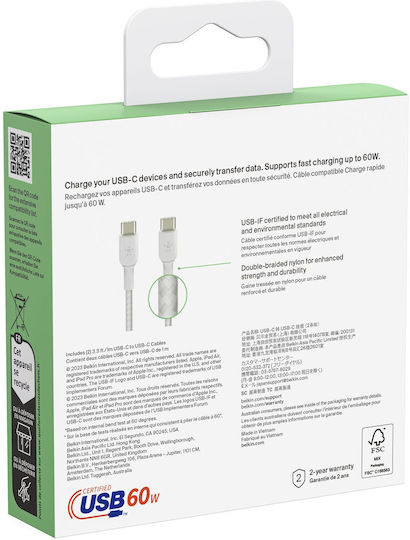 Belkin 2 Pack Braided USB 2.0 Cable USB-C Male - USB-C 60W PD White 1m CAB004BT1MWH2PK 2 Pieces