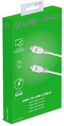 Celly Редовна USB 2.0 Кабел USB-C мъжки - USB-C мъжки 60W Бял 1м (USBCUSBCWH)