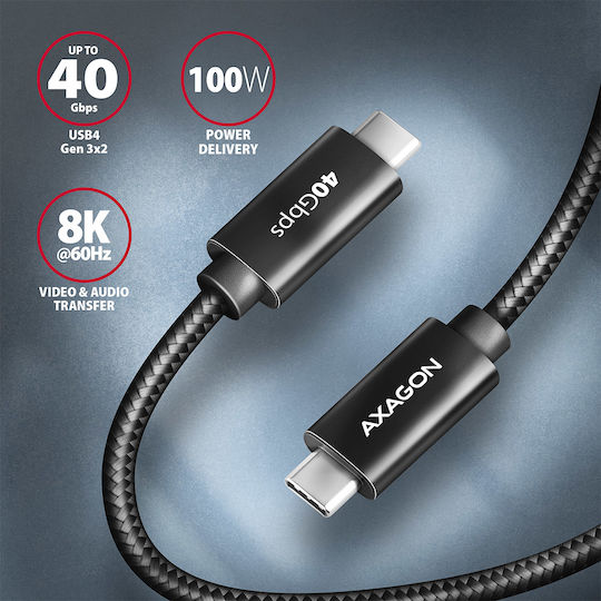 Axagon Braided USB 4 Video Cable USB-C Male - USB-C 100W PD Black 1m