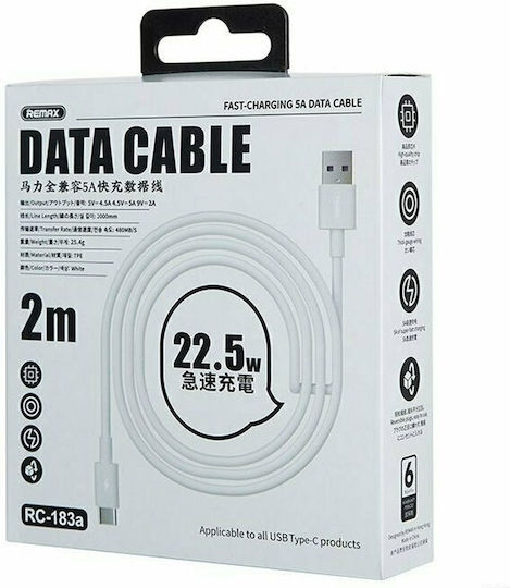 Remax RC-175A USB 2.0 Cable USB-C male - USB-A 100W Λευκό 2m RC-183A