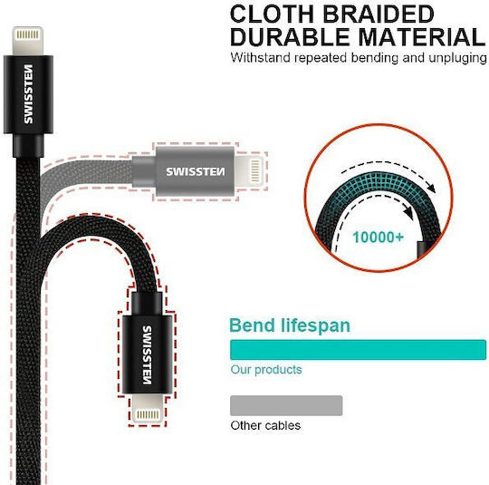 Swissten Braided USB-A to Lightning Cable Black 2m