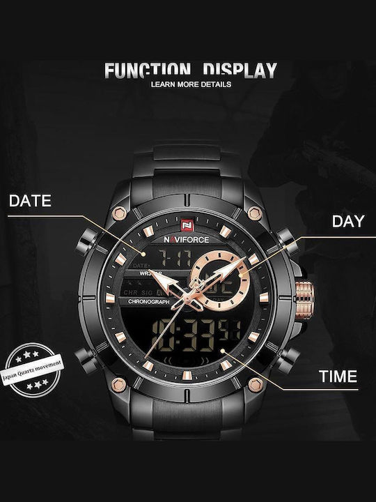 Naviforce Digital Men's Watch Chronograph Battery with Black Metal Bracelet