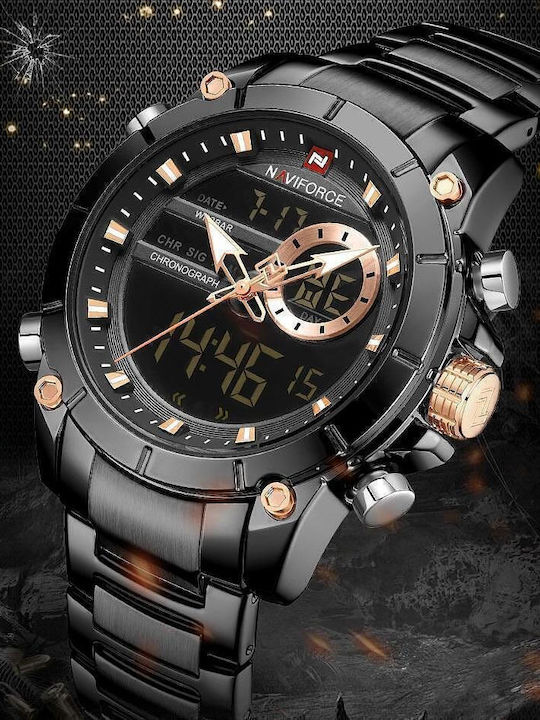 Naviforce Digital Men's Watch Chronograph Battery with Black Metal Bracelet