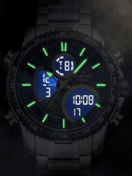 Naviforce Ceas Analogic/Digital Pentru Bărbați 46mm Cronograf Cu Baterie Cu Brățară Din Oțel Inoxidabil Argintie