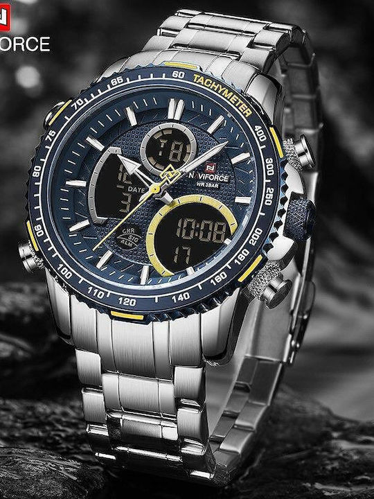 Naviforce Ceas Analogic/Digital Pentru Bărbați 46mm Cronograf Cu Baterie Cu Brățară Din Oțel Inoxidabil Argintie