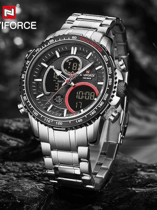 Naviforce Ceas Analogic/Digital Pentru Bărbați 46mm Cronograf Cu Baterie Și Brățară Din Metal Argintie
