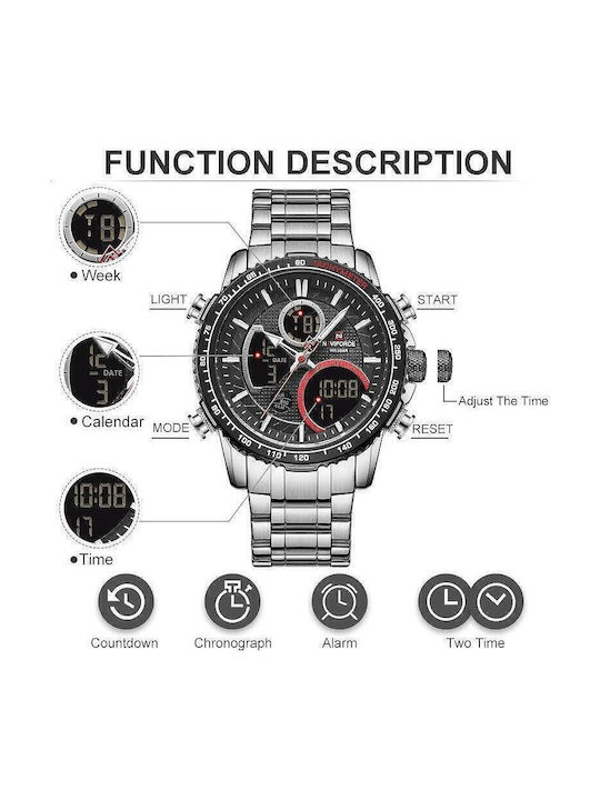 Naviforce Ceas Analogic/Digital Pentru Bărbați 46mm Cronograf Cu Baterie Și Brățară Din Metal Argintie