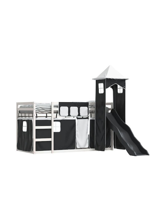 Pat pentru Copii Loft Bed Single Alb-Negru pentru Saltea 90x200cm