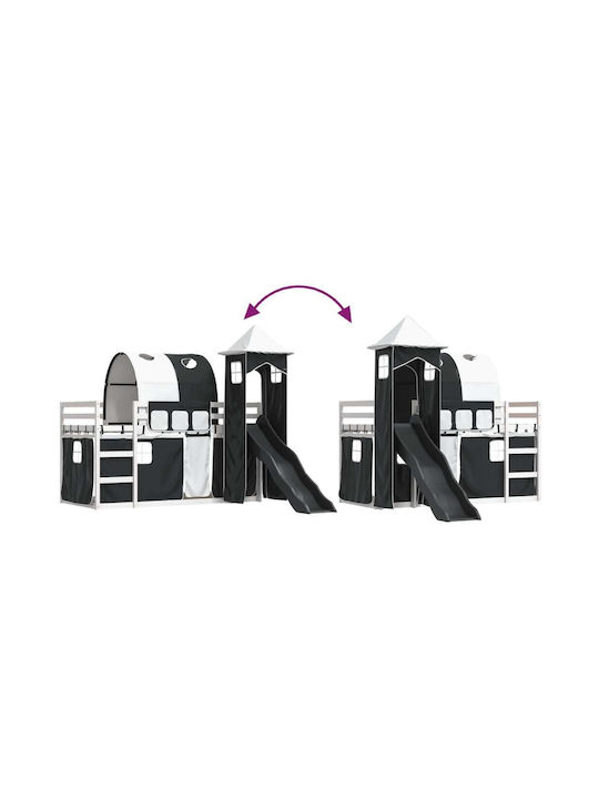 Pat pentru Copii Loft Bed Single Alb-Negru pentru Saltea 90x200cm