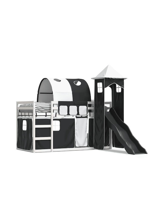 Pat pentru Copii Loft Bed Single Alb-Negru pentru Saltea 90x200cm
