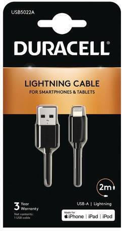 Duracell Kevlar Braided USB to Lightning Cable Μαύρο 2m (USB7022A)