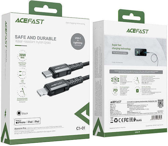Acefast Плетена USB-C към Lightning кабел 30W Черен 1.2м (C1-01)