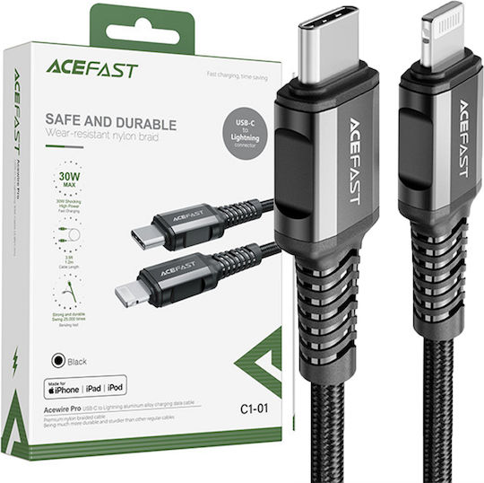 Acefast Плетена USB-C към Lightning кабел 30W Черен 1.2м (C1-01)