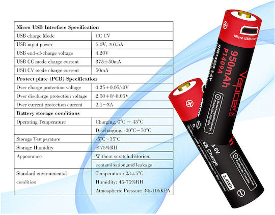 Vapcell Wiederaufladbare Batterie 14500 950mAh 3.6V 1Stück