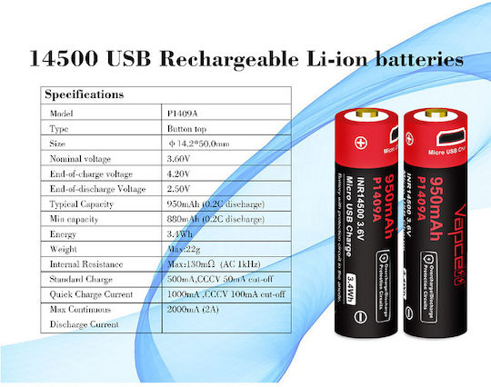 Vapcell Wiederaufladbare Batterie 14500 950mAh 3.6V 1Stück