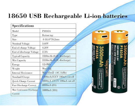 Vapcell Rechargable Battery 18650 3500mAh 3.6V 1pcs