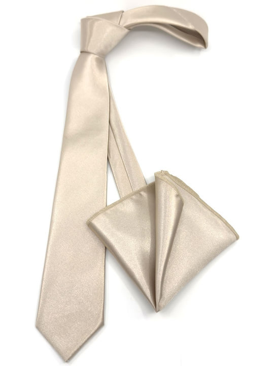 L-053-53 Γραβατα 6,5 Cm Set Μαντηλακι Υφασμα Satin Glossy Χρωμα Ivory