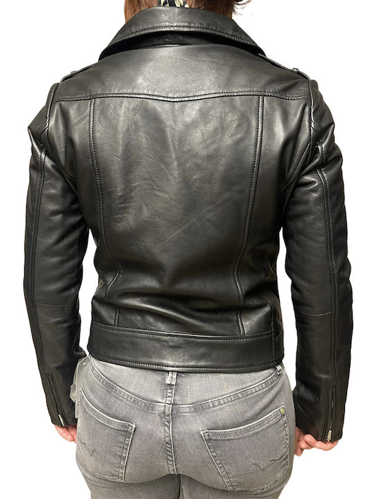 MARKOS LEATHER Women's Short Biker Leather Jacket for Winter Black