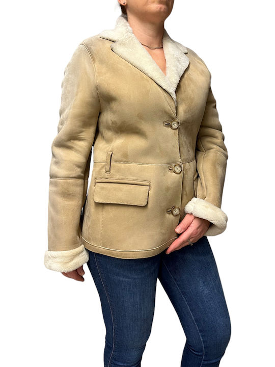 MARKOS LEATHER Women's Short Lifestyle Mouton Jacket for Winter Beige