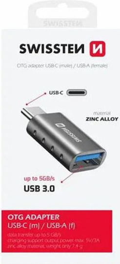 Swissten Converter USB-C male to USB-A female Gray 1pcs 55500100