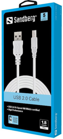 Sandberg 1.8m USB 2.0 Cable A-Male to B-Male White (502-78)