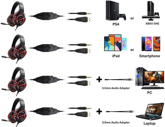Komc G325 Over Ear Gaming Headset με σύνδεση USB / 3.5mm Black/Red