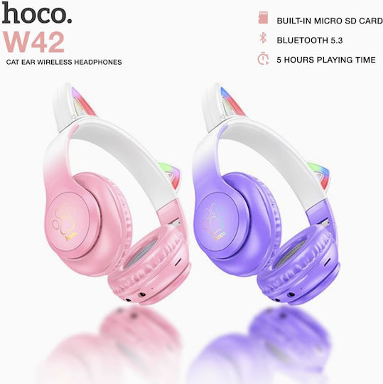 Hoco W42 Cat Ears Ασύρματα / Ενσύρματα Παιδικά Over Ear Ακουστικά με Ραδιόφωνο με 12 ώρες Λειτουργίας Cherry Blossom