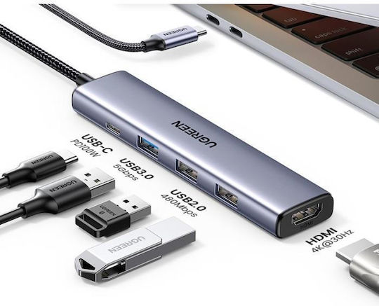 Ugreen Hub 5 Ports USB 3.0 with USB-C Connection Silver