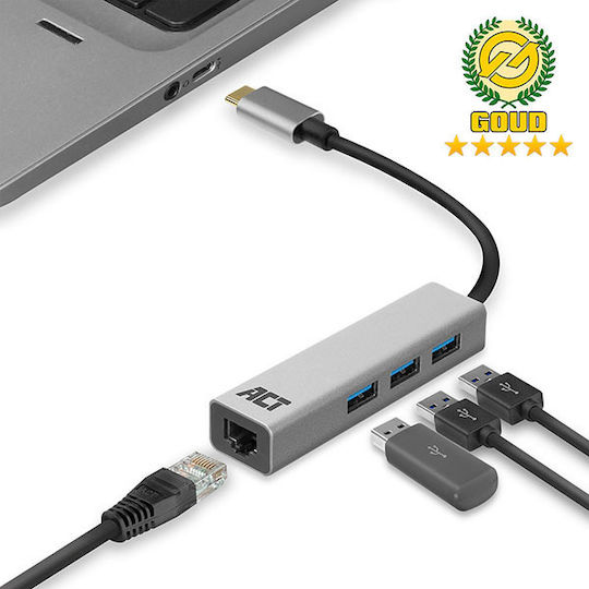 Intronics USB Hub 3 Ports USB 3.2 with USB-C Connection Ethernet Silver