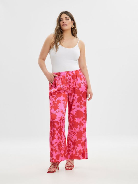 Mat Fashion Women's Satin Trousers with Elastic Floral Fuchsia