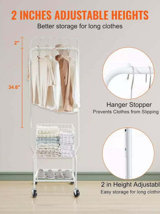 Wheeled Floor Garment Rack made of Metal White