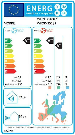 Morris Terra Aparat de Aer Condiționat Inverter 12000 BTU A+++/A++ cu WiFi și Funcție de Autocurățare