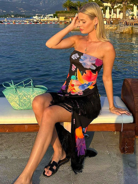 Φόρεμα Midi Strapless Floral Μαύρο Μαύρο