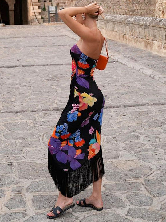 Φόρεμα Midi Strapless Floral Μαύρο Μαύρο