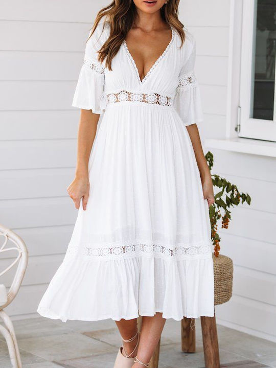 Midi Dress with Lace Details White White