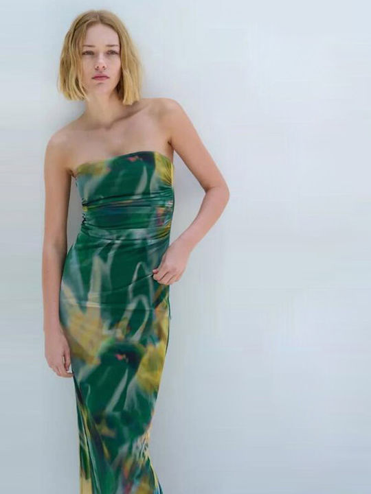 Midi Strapless Ruched Floral Dress Green