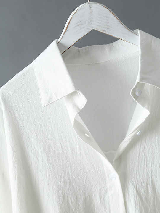 Oversized Linen Midi Shirt Dress White White