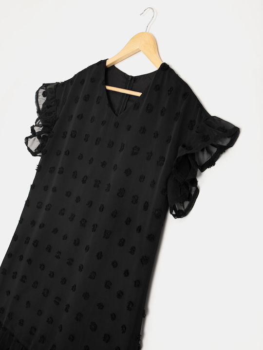 Mini Textured Polka Dot Black Dress