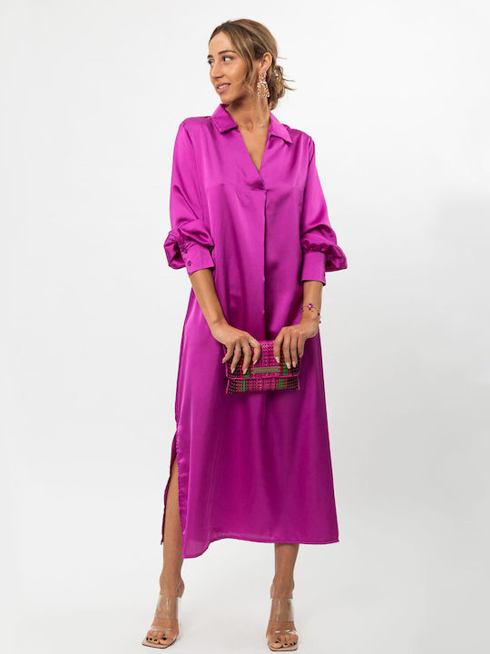 Rock Club Midi Evening Dress Shirt Dress Satin with Slit Violet