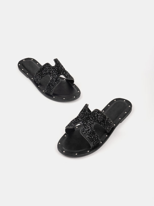 Women's Flat Sandal with Black Rhinestones