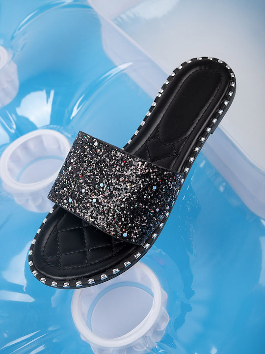 Γυναικεία Flat Παντόφλα Glitter Λεπτομέρειες Μαύρο Μαύρο