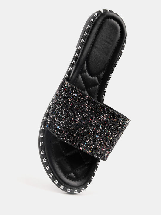 Γυναικεία Flat Παντόφλα Glitter Λεπτομέρειες Μαύρο Μαύρο