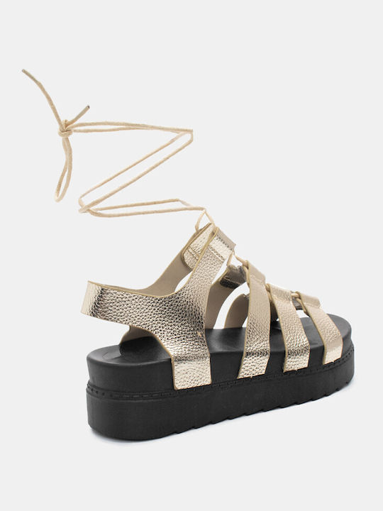 Luigi Flatforms Synthetic Leather Lace-Up Women's Sandals Gold