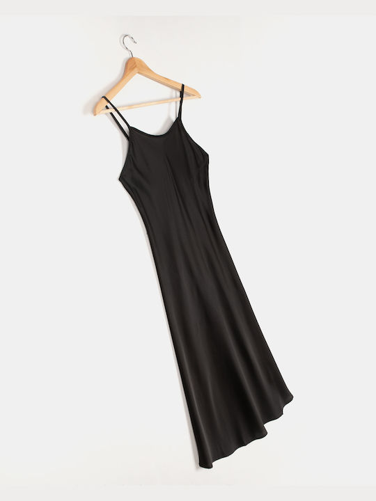 Midi Satin Nightgown with Straps Black